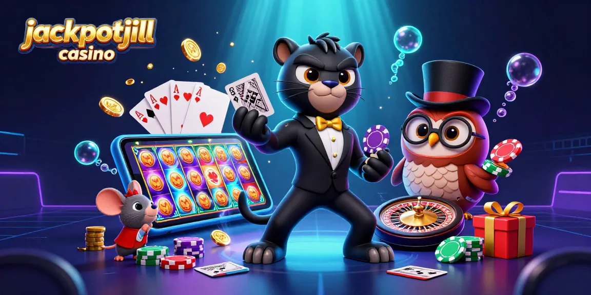 Engage with jackpotjill casino in this vibrant scene showcasing characters and casino elements.
