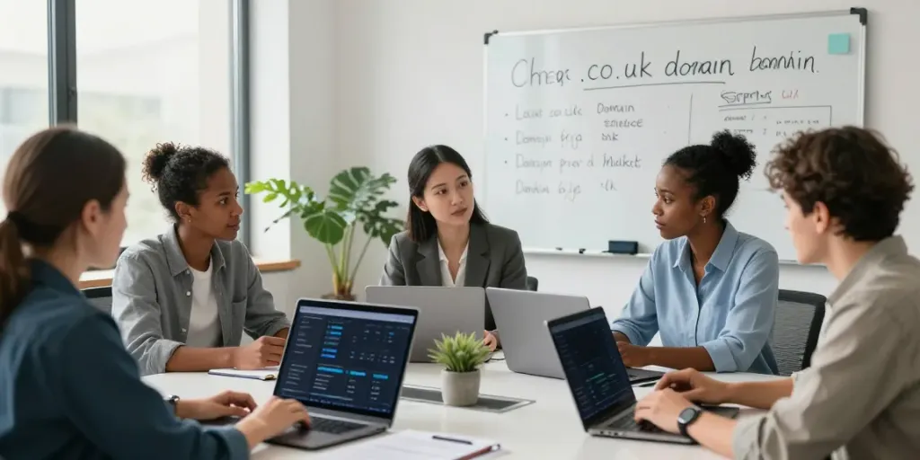 Team collaborating on strategies for cheap .co.uk domain registration in a modern office.