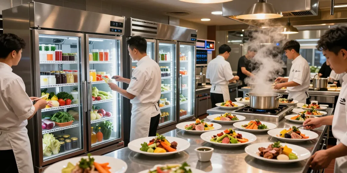 Dynamic kitchen scene showcasing commercial refrigeration with chefs at work.