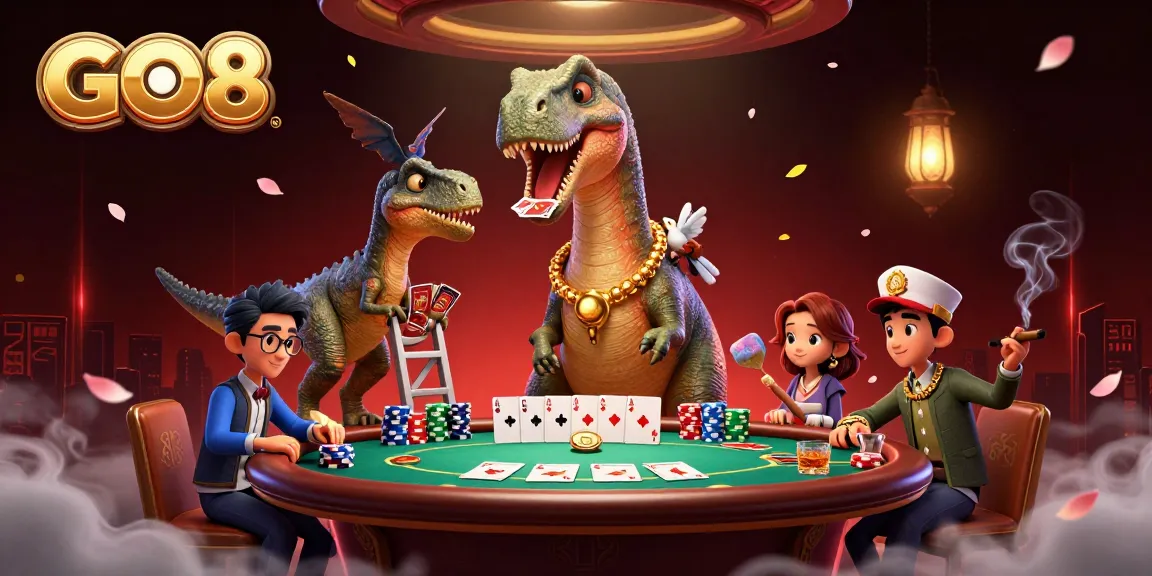 Engaging GO8 casino scene with a dinosaur dealer, poker elements, and vibrant atmosphere
