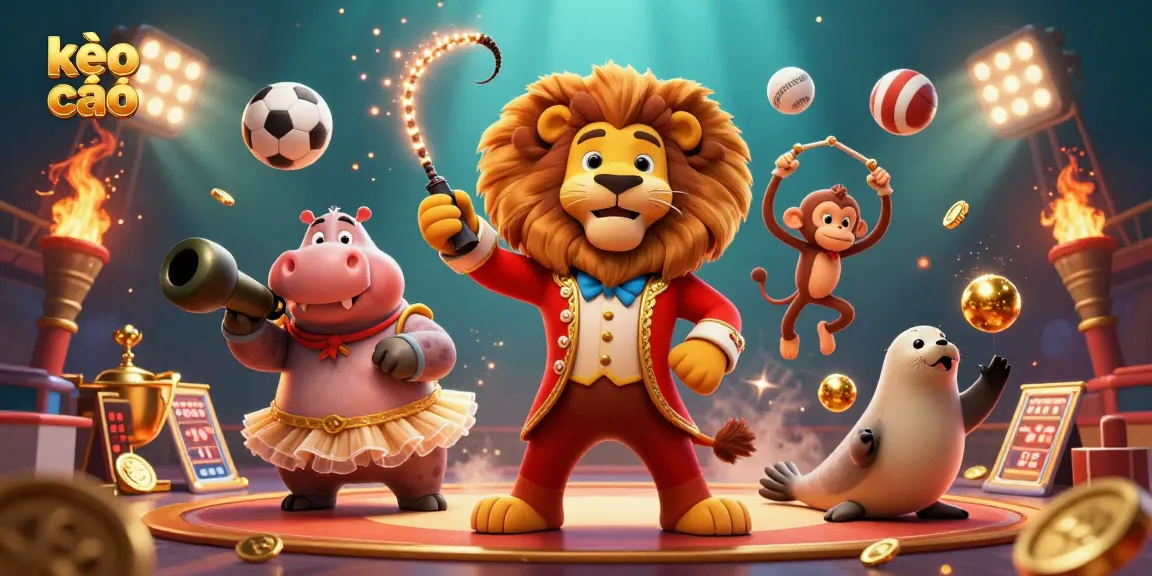 Visualize kèo nhà cái featuring a lion ringmaster, hippo, monkey, and seal in a vibrant casino scene.
