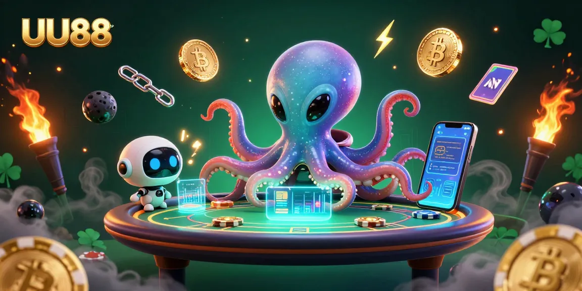 Join the gaming action at UU88 with an alien octopus enjoying holographic poker in a cosmic setting.