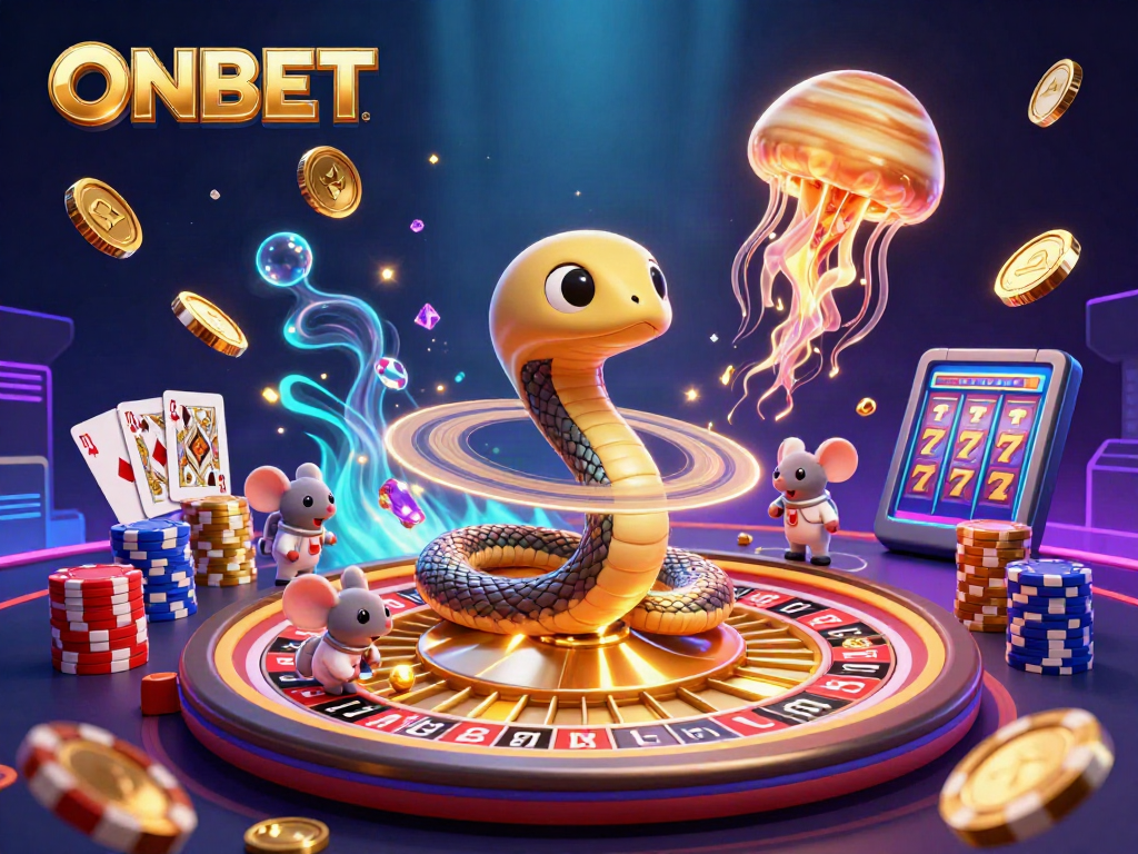 Engage in thrilling gameplay with ONBET at a vibrant casino scene featuring a coiled Saturn roulette and excited astronaut mice betting.