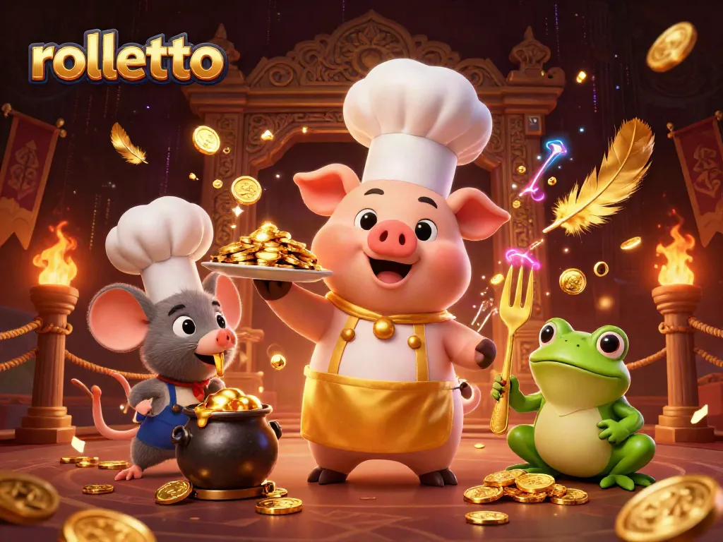 Win big with rolletto as a cartoon chef pig serves gold coins in a vibrant casino scene.