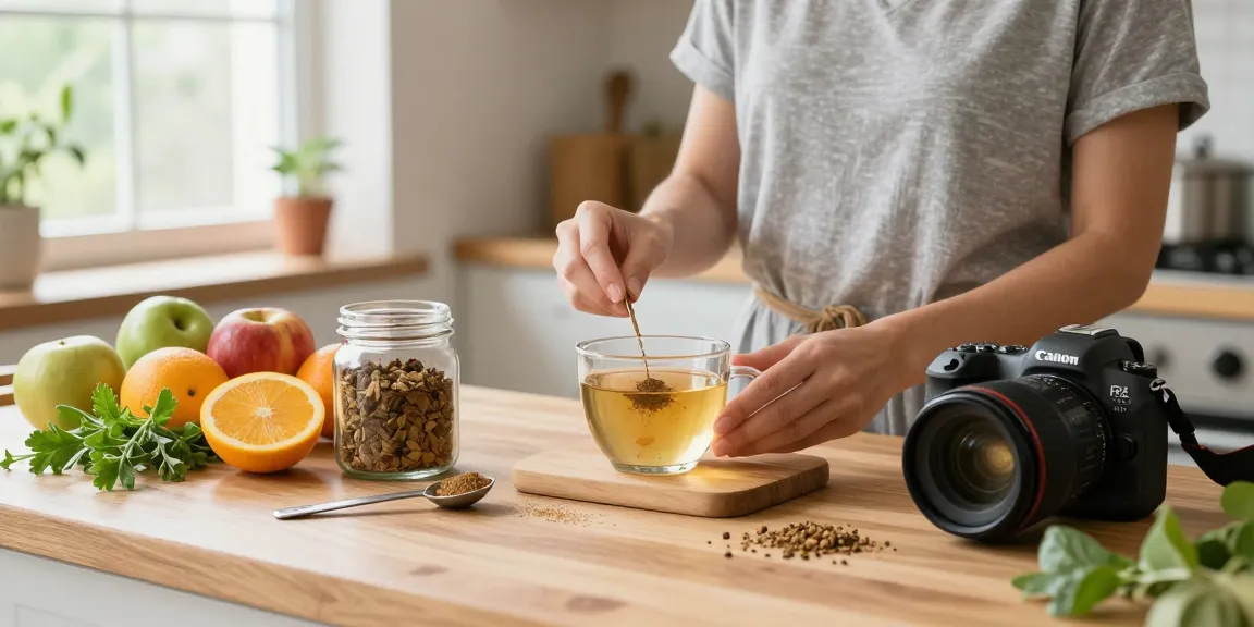 Preparing a herbal tea with trainwreck kratom from Happy Go Leafy in a bright kitchen.