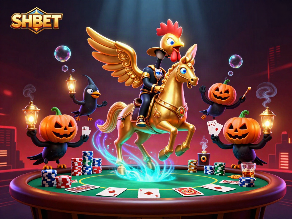 Engage with SHBET casino excitement featuring a golden rooster and playful characters.