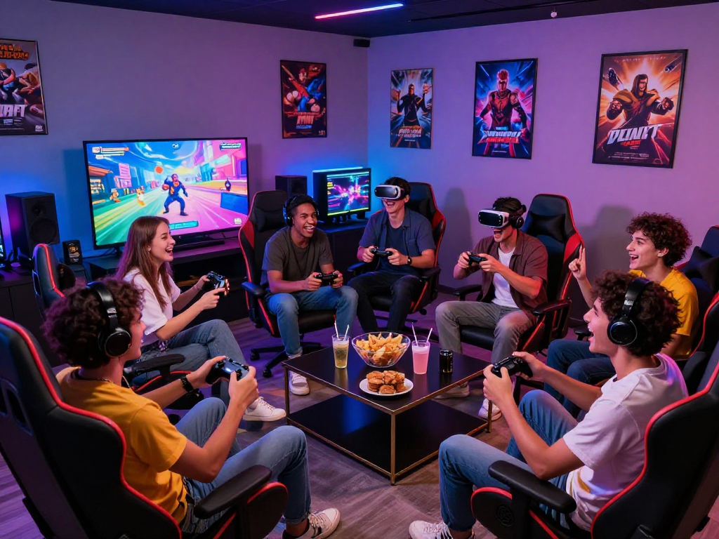 Friends enjoying an adult game in a lively gaming lounge atmosphere.