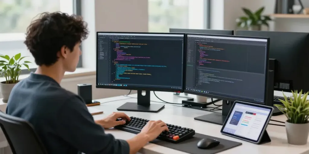 Developer coding with instant indexing tools in a modern workspace.