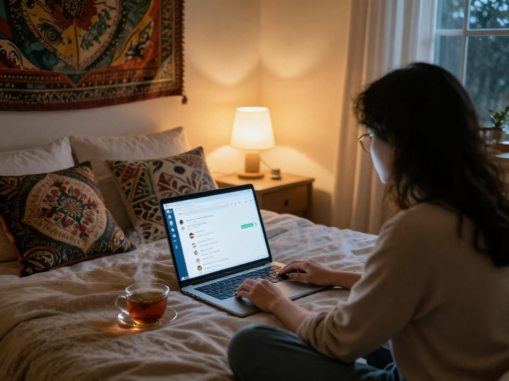 Engaging ai sex chat scene with a person on a cozy bed, laptop open, inviting atmosphere.