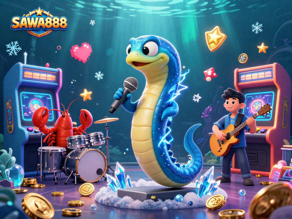 SAWA888 features vibrant underwater casino scene with electric eel DJ, lobster drummer, and seahorse guitarist.