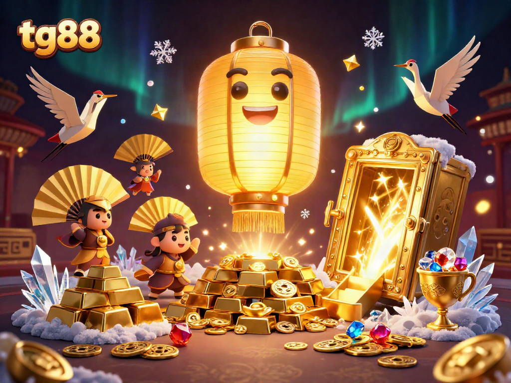 Experience thrilling moments at tg88 with a vibrant 3D illustration featuring golden lanterns and treasures