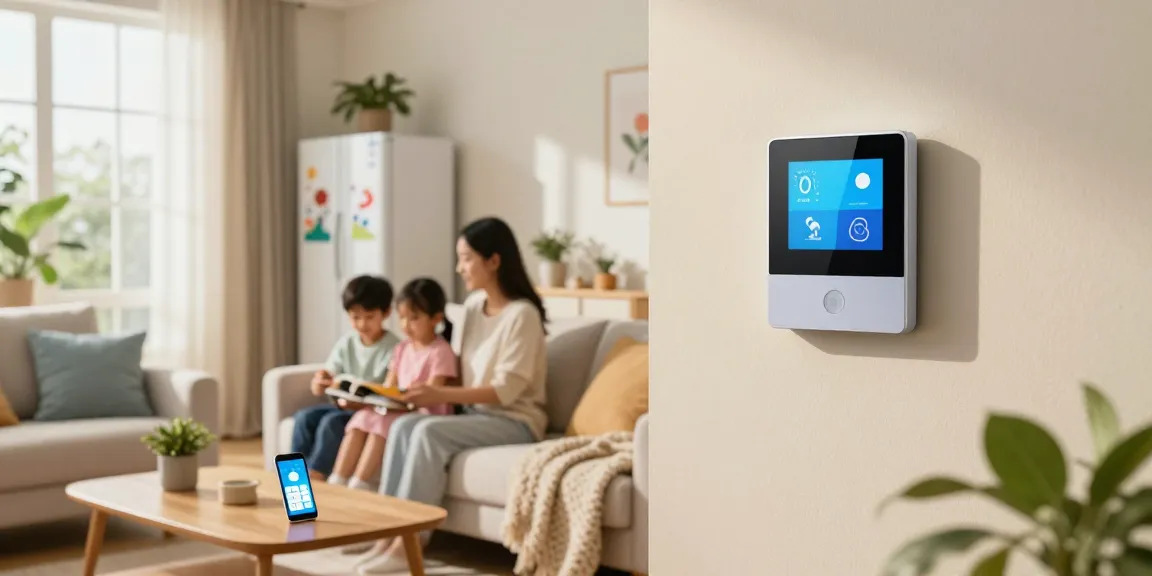 Family enjoys a cozy living room with a smart thermostat optimizing comfort and ambiance.