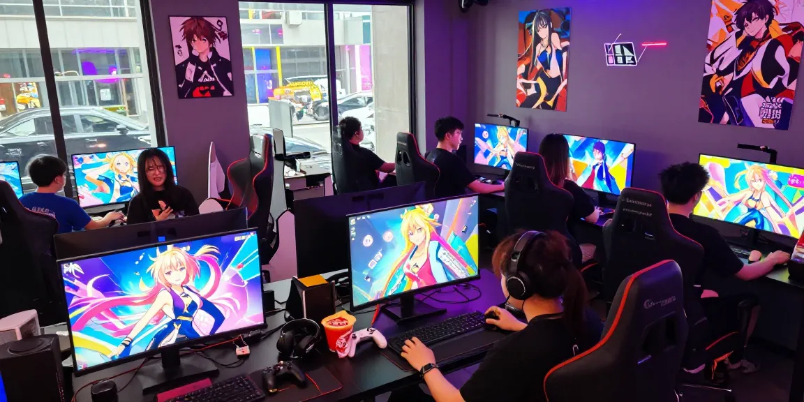 Gamers enjoying ecchi games in a lively gaming lounge with colorful graphics and anime characters.