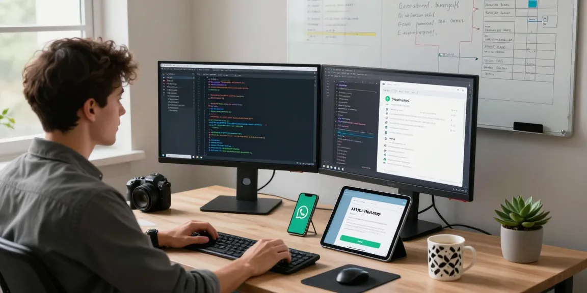 WhatsApp下載 on a developer's workspace featuring dual monitors, coding, and messaging software integration tools.