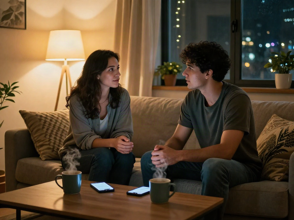 AI sex chat conversation in a cozy setting with warm lighting and personal touch.