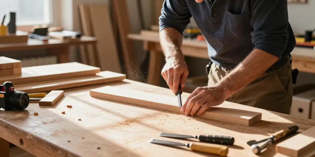 Artisan using a festool knife to craft wood in a sunlit workshop.