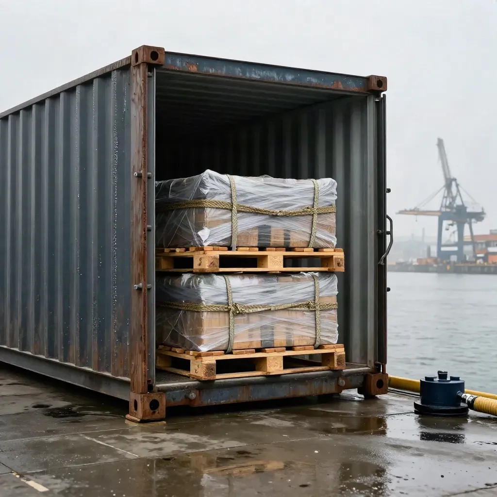 Open shipping container on a wet quay with strapped export pallets and salt haze