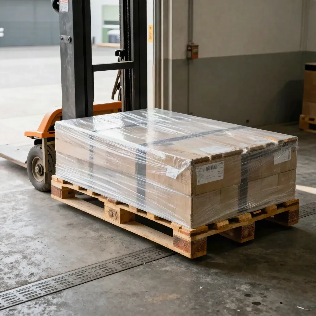Shrink-wrapped pallet on a manual pallet truck at a trade bay threshold, lit by soft warehouse light.