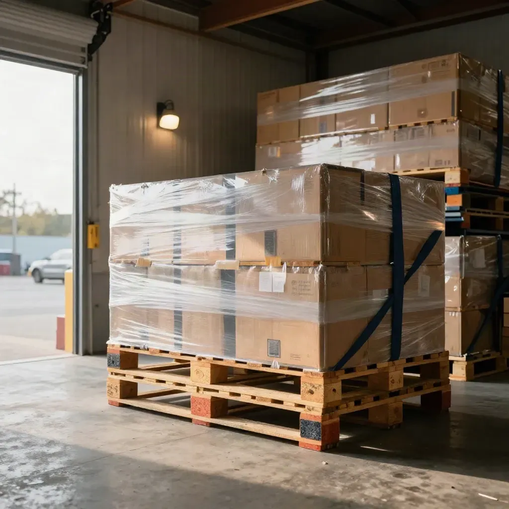 SME stock stacked on pallets in a calm warehouse bay with racking and dock door.