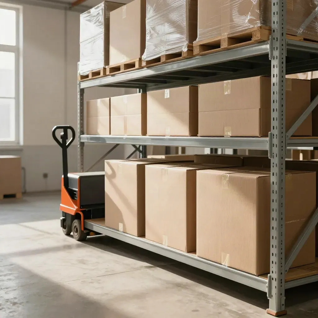 Filled warehouse backroom shelf with shrink-wrapped cartons and a parked pallet jack in soft daylight