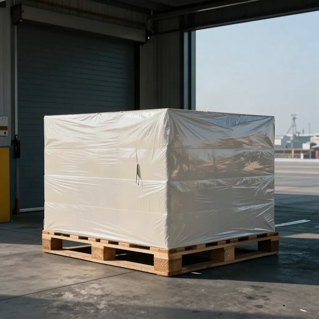 Cleared freight pallet in a port warehouse bay, sea mist at the open door.