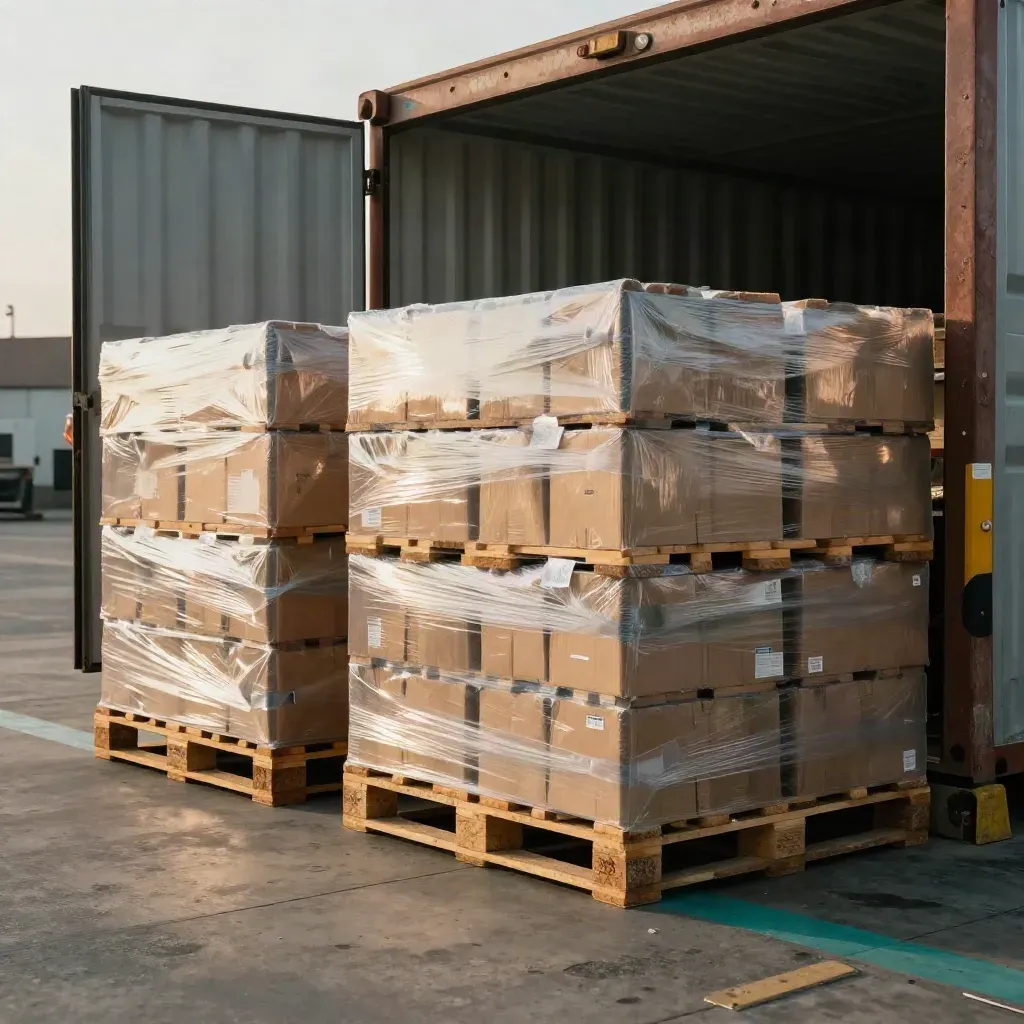Twelve shrink-wrapped pallets lined up in a warehouse lane before open container doors