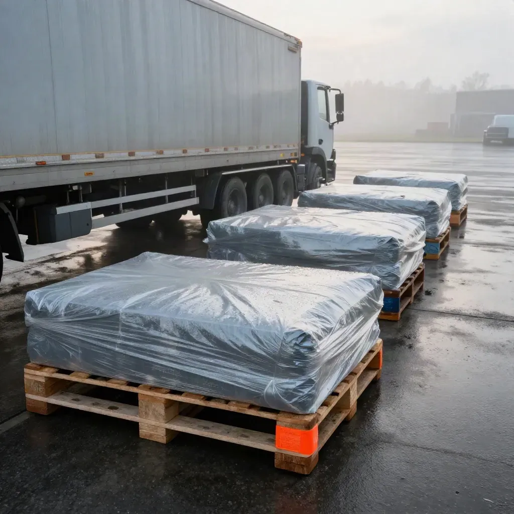 Rainy dawn depot with four wrapped pallets lined up beside a trailer edge.