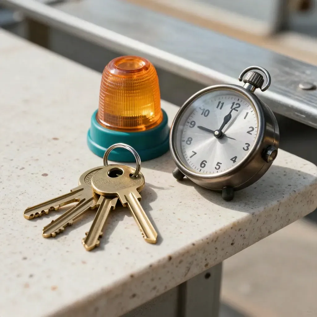 Macro of dock keys, route beacon and face-down operations clock on travertine