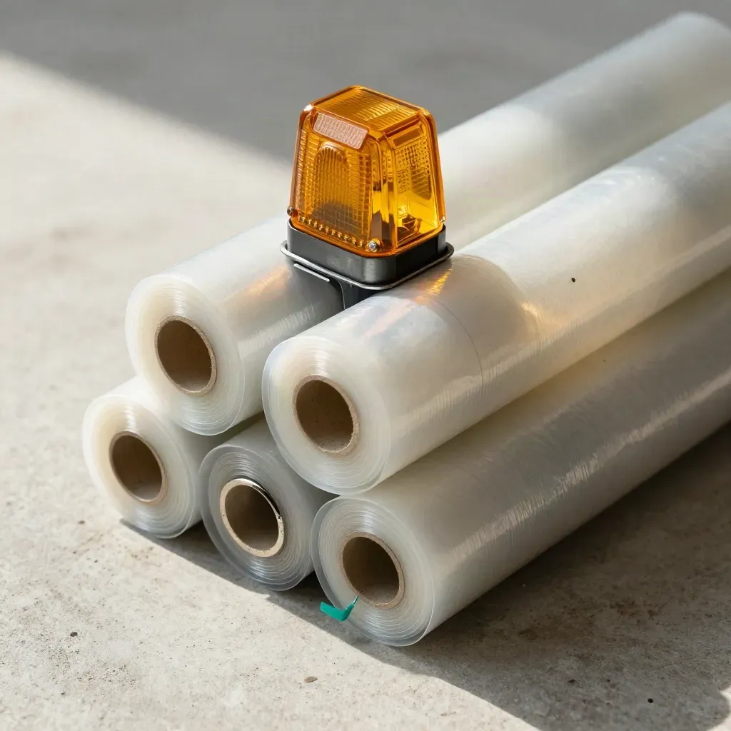Top-down warehousing tools on concrete: pallet-wrap roll, clips, and beacon lens