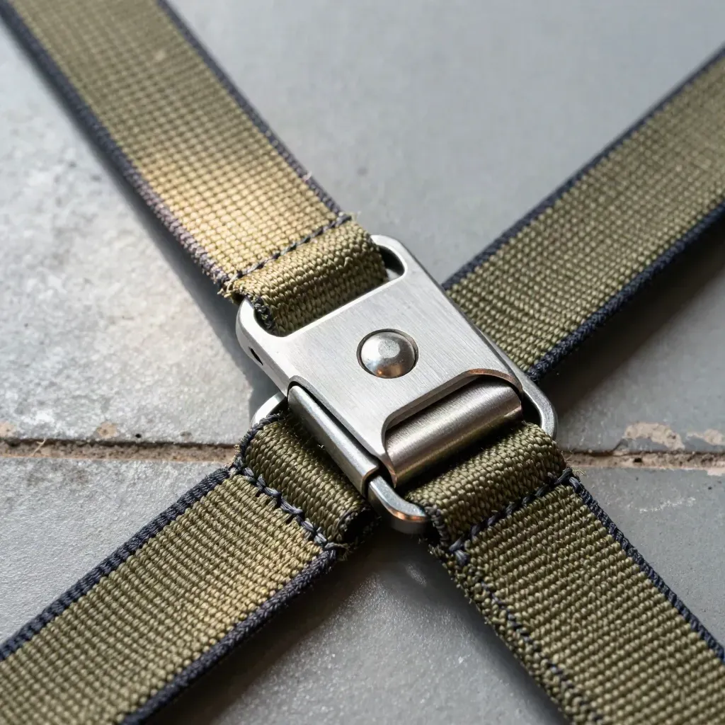 Extreme macro of air-freight latch hardware, buckle and woven straps on a matte hangar floor.