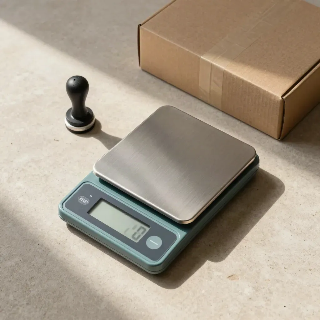 Overhead flatlay of scale, date stamp and carton corner on warm stone.