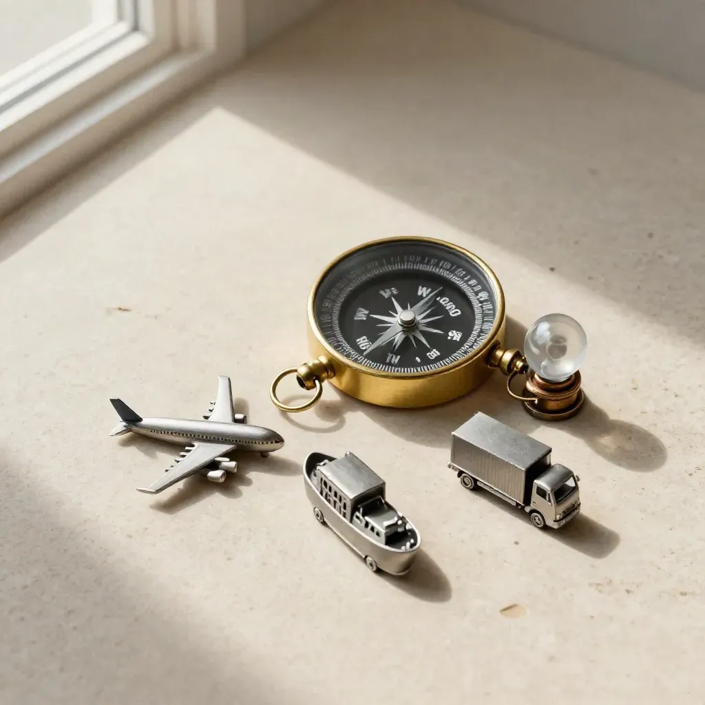 Overhead route-planning still life with compass, plane, ship and truck tokens on pale stone.