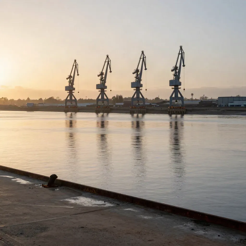 Tilbury dock cranes rise over a hazy Thames estuary at sunrise with calm water foreground.