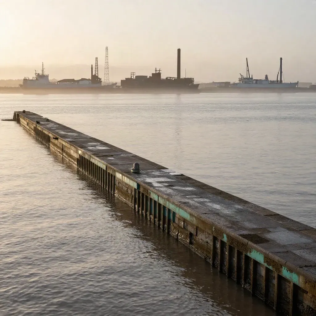 Mersey waterfront with dock edges, pale water and hazy industrial silhouettes at sunrise.