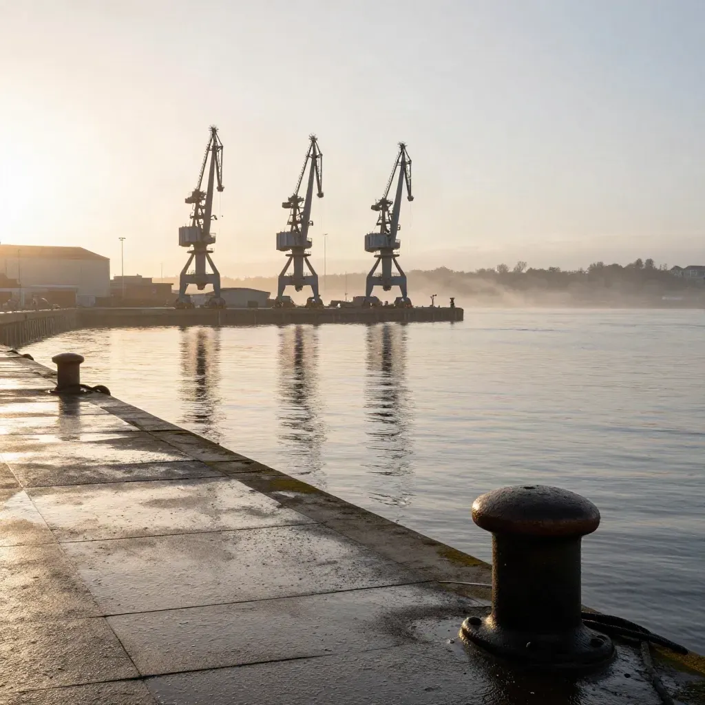 Southampton port cranes over a misty estuary at sunrise with wet reflective water