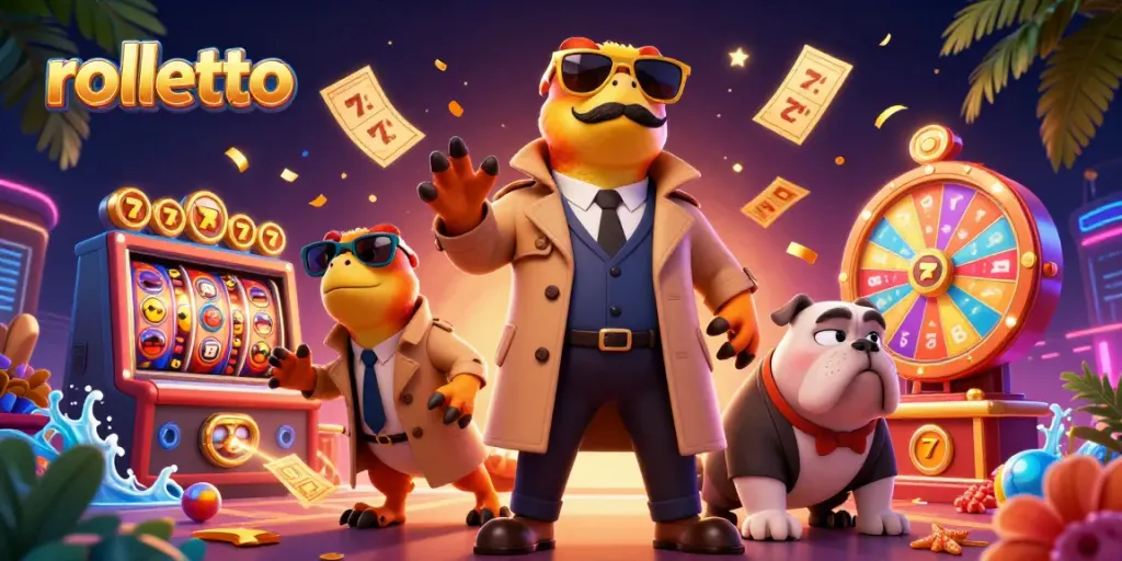rolletto casino scene with raptors and bouncer, vibrant slot reels and golden tickets