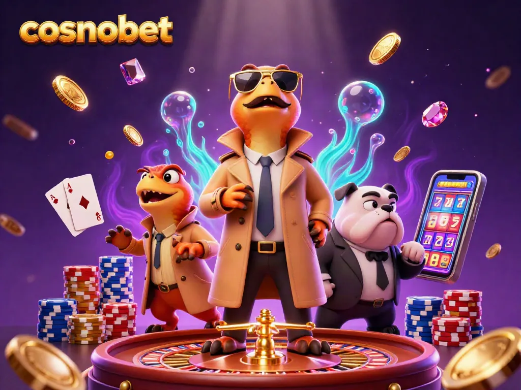 Experience cosmobet at a VIP casino lounge with cartoon raptors in disguise and vibrant casino elements.