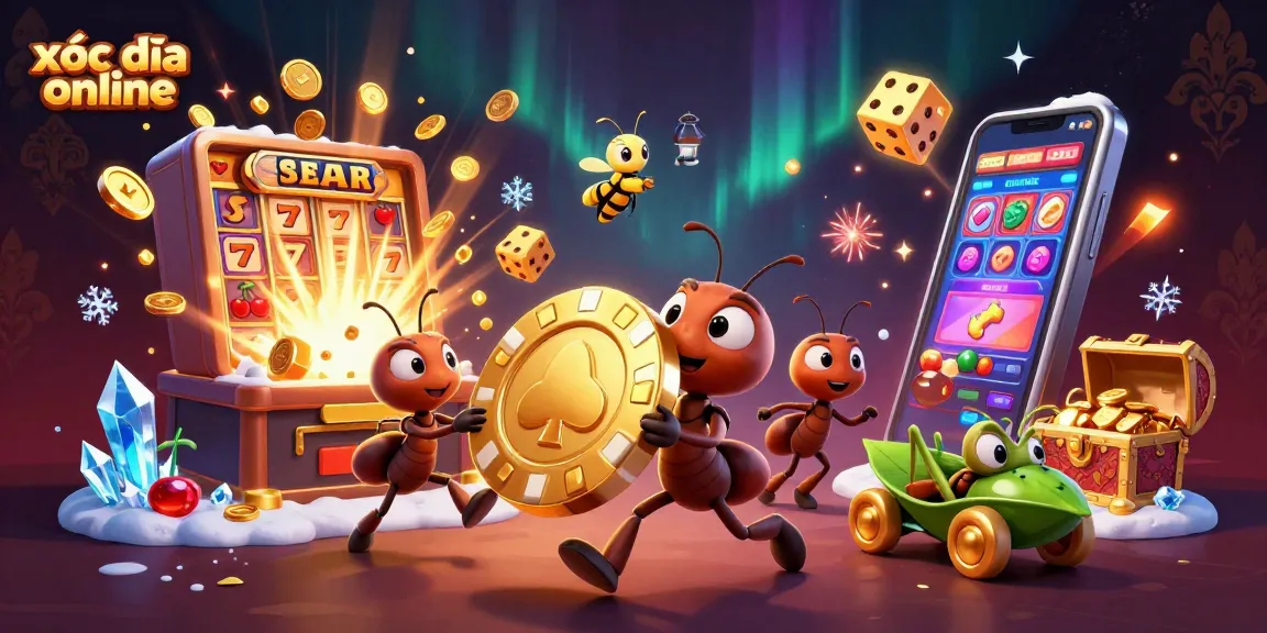 Engaging scene of xóc đĩa online with cartoon ants carrying golden poker chip amid casino symbols exploding in a vibrant atmosphere.