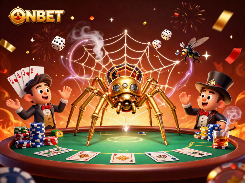Bet on ONBET with a steampunk-themed casino illustration featuring poker elements and vibrant celebrations