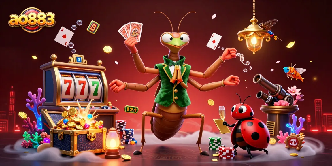 Play exciting casino games at ao883 with vibrant characters amidst a dazzling slot machine backdrop.