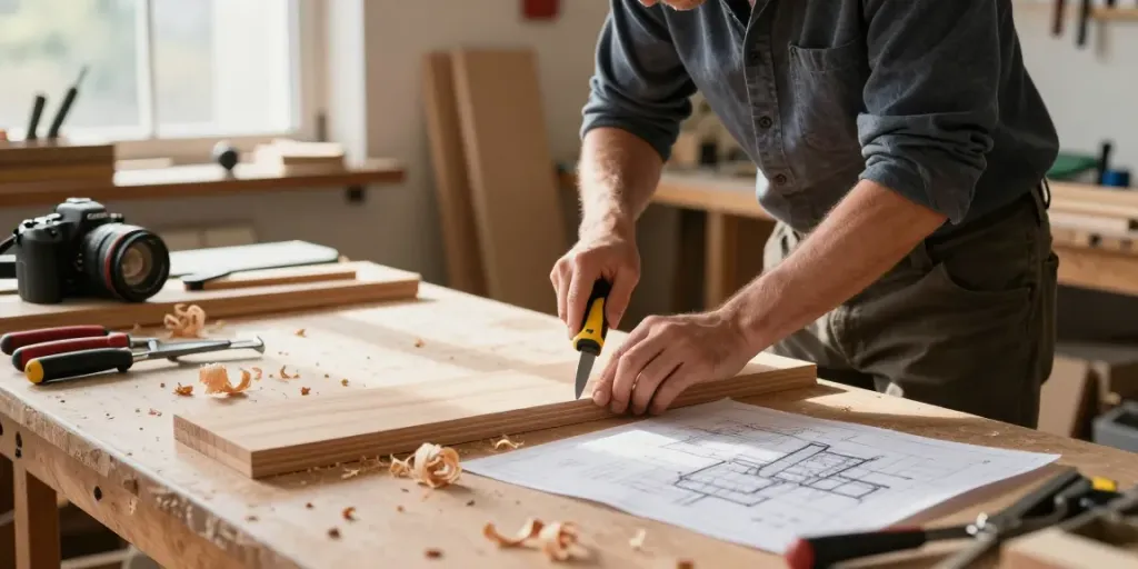 Craftsman using a Festool knife in a woodworking workshop filled with tools and sunlight.
