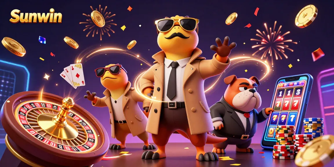 Sunwin players enjoying a vibrant casino scene with animated characters and sparkling casino elements