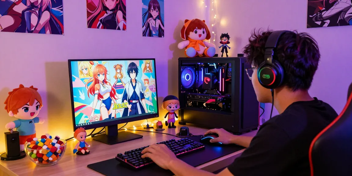 Player enjoying a hentai game on a laptop amidst colorful anime decor and gaming accessories.