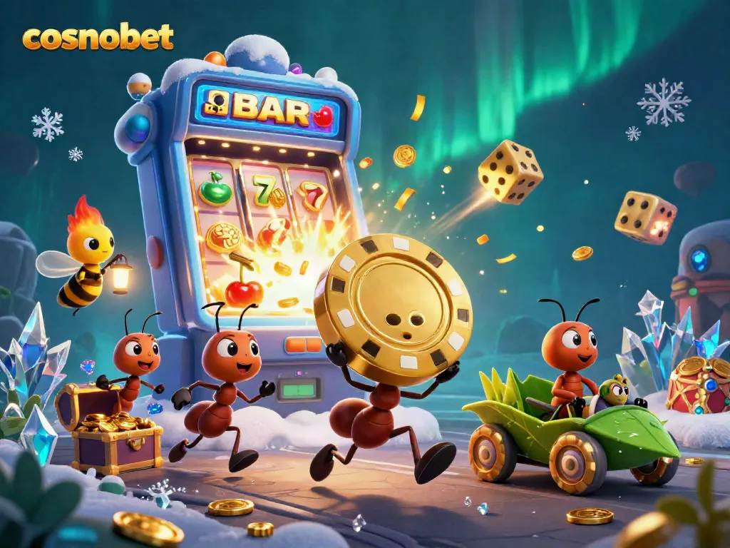 Engage with cosmobet through an exciting heist scene featuring ants, slots, and casino elements.