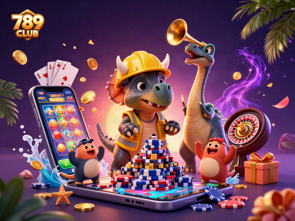 Experience the excitement at 789CLUB with cheerful characters celebrating a vibrant casino scene.