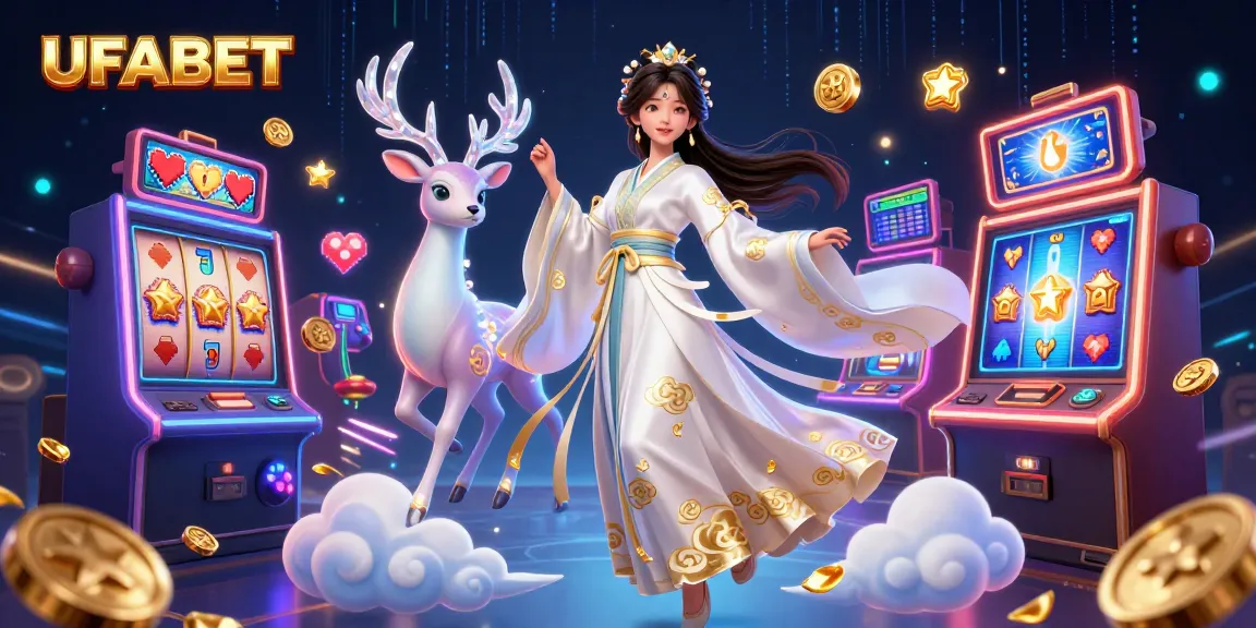 Experience thrilling slots at UFABET with vibrant game elements and a fantasy illustration.