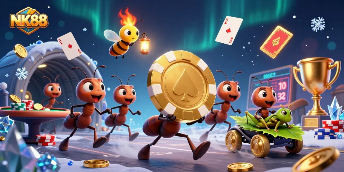 Engage in high-stakes action with NK88 as ants carry a massive poker chip in a dynamic 3D casino heist.