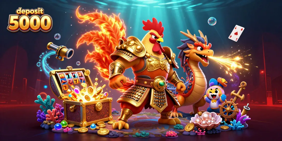 Engaging scene depicting deposit 5000 highlights with cartoon rooster warrior, dragon hatchling, and treasure surrounded by slot reels.