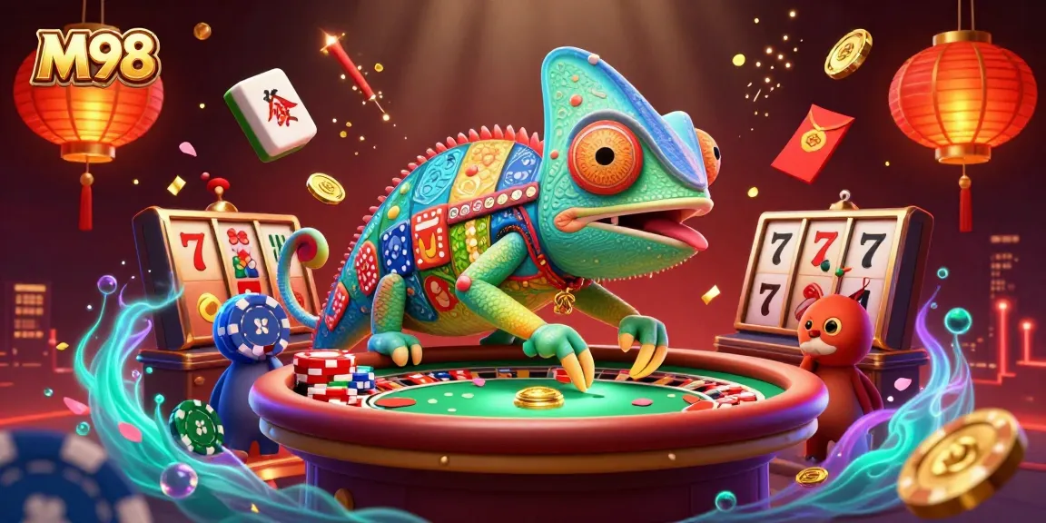 M98 casino illustration featuring a vibrant chameleon owner amid slot games and festive elements.